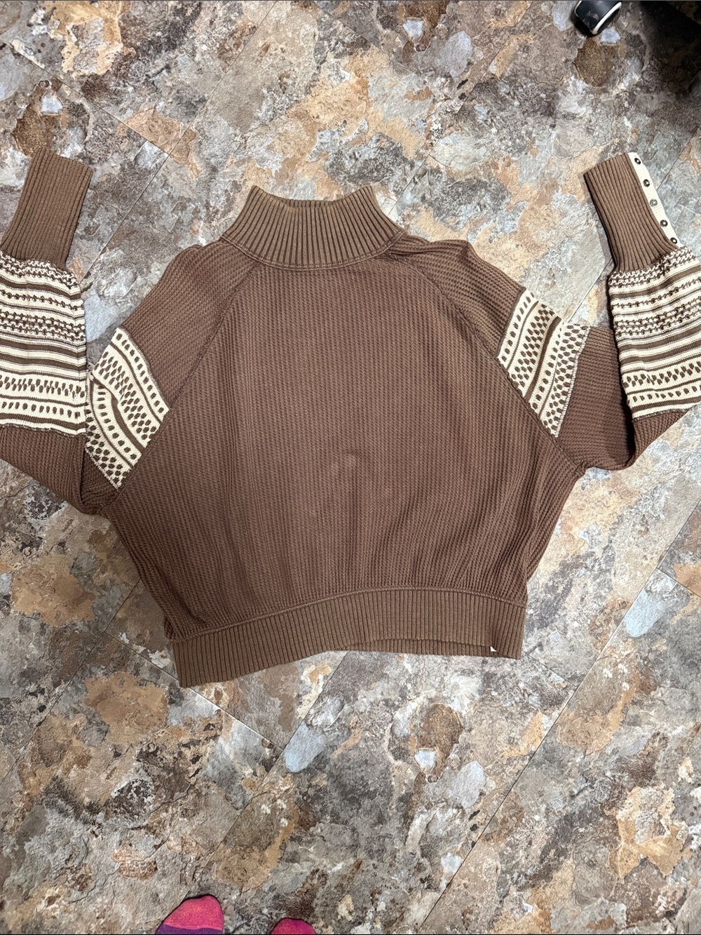 We The Free Brown Turtleneck Sweater with Cream Patterned Sleeves Womens size M